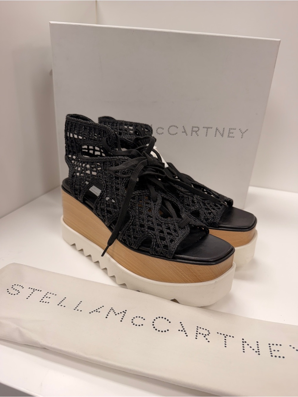 Stella McCartney Raffia Elyse Platform Wedge Sandals